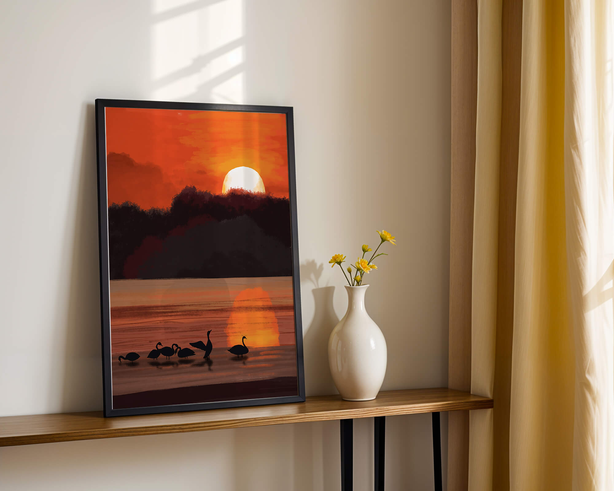 Serene sunset over a lake with silhouetted swans