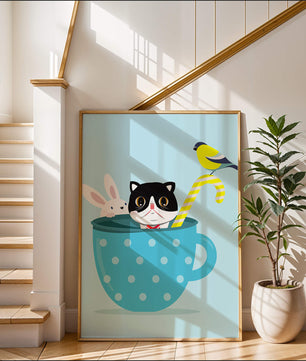 Playful illustration of cat, rabbit, and bird in a teacup