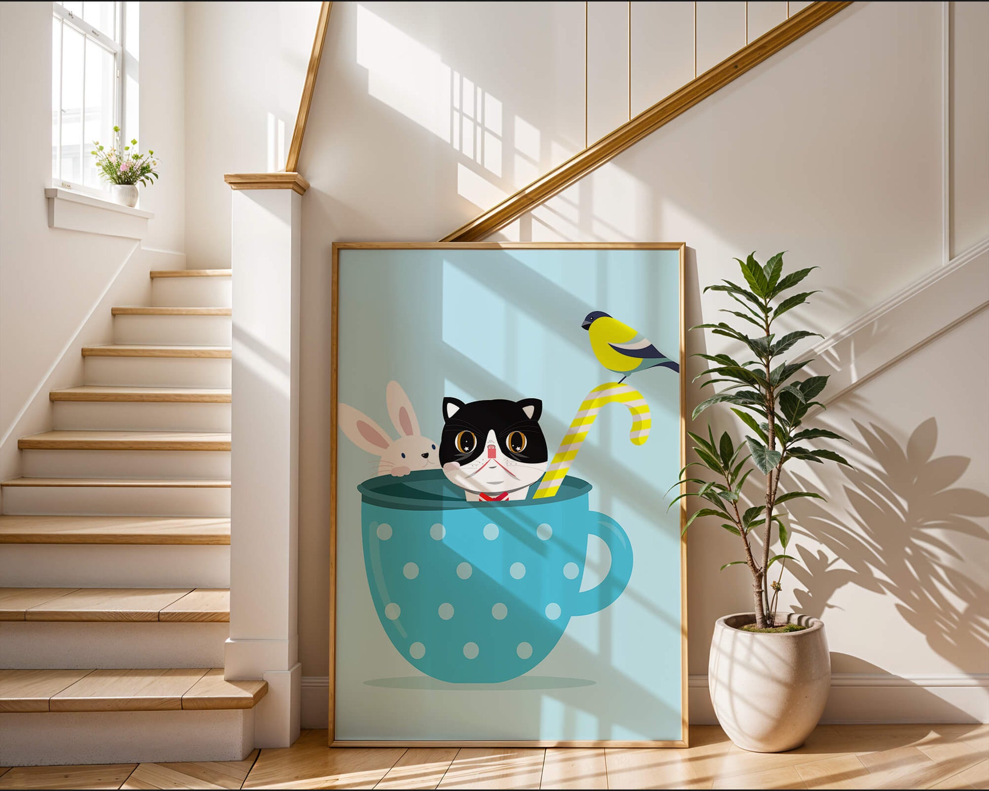 Ilustración lúdica de un gato, un conejo y un pájaro en una taza de té.