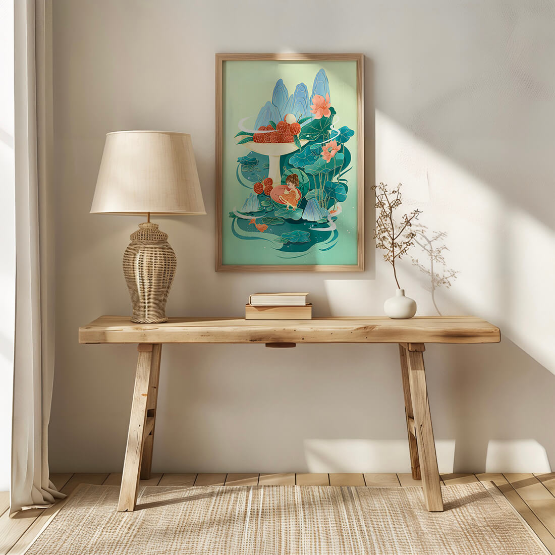 Whimsical illustration with girl, lychee, and lotus flowers