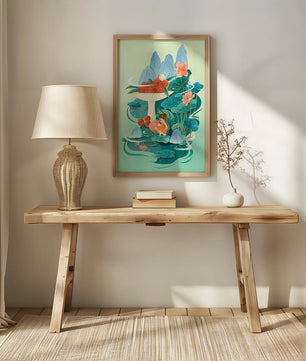 Whimsical illustration with girl, lychee, and lotus flowers