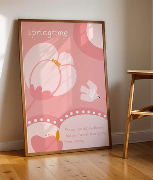 Springtime illustration with flowers and bird on pink background