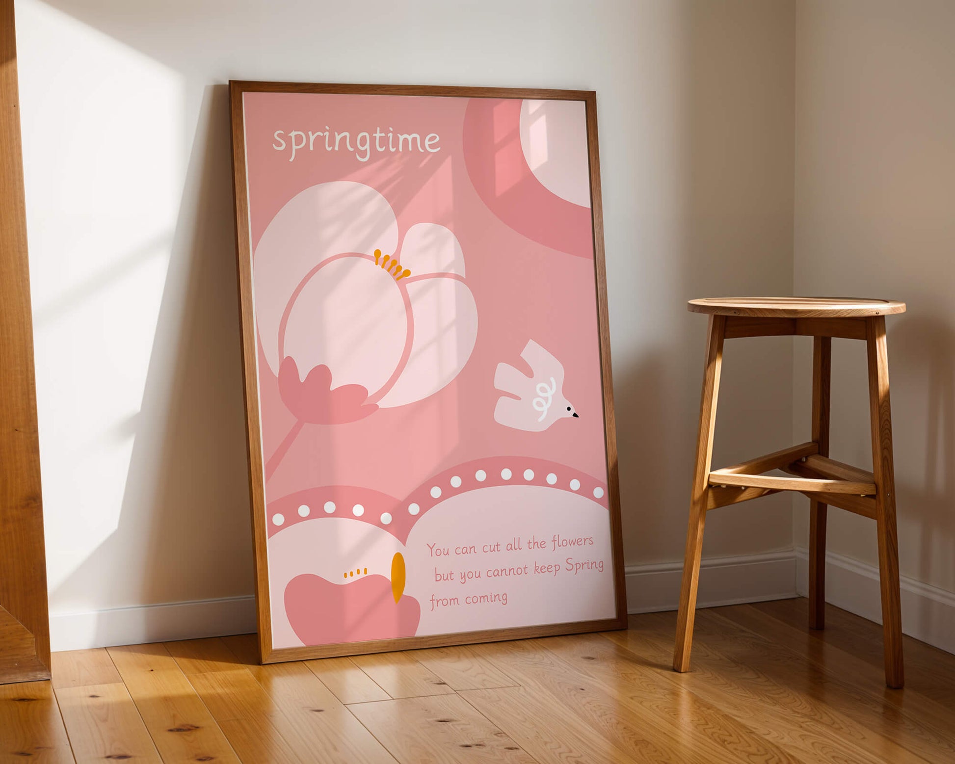 Springtime illustration with flowers and bird on pink background