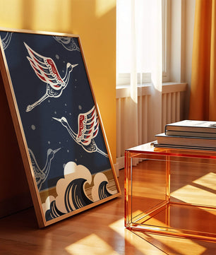 Illustrative cranes flying over ocean waves with dark background