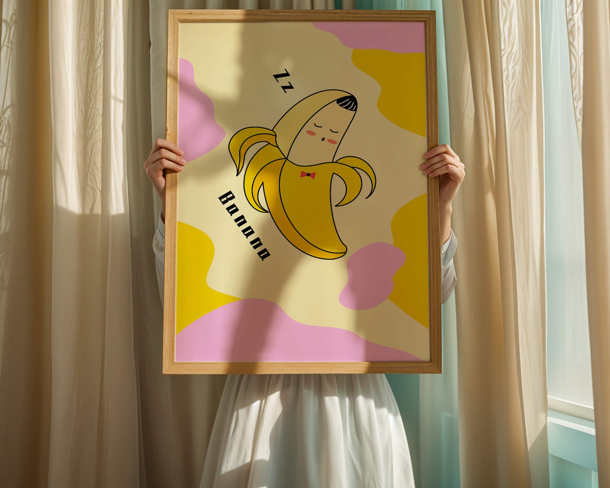 Playful illustration of a sleeping banana with colorful abstract background