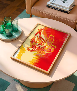 Abstract banana art with vibrant red and orange hues