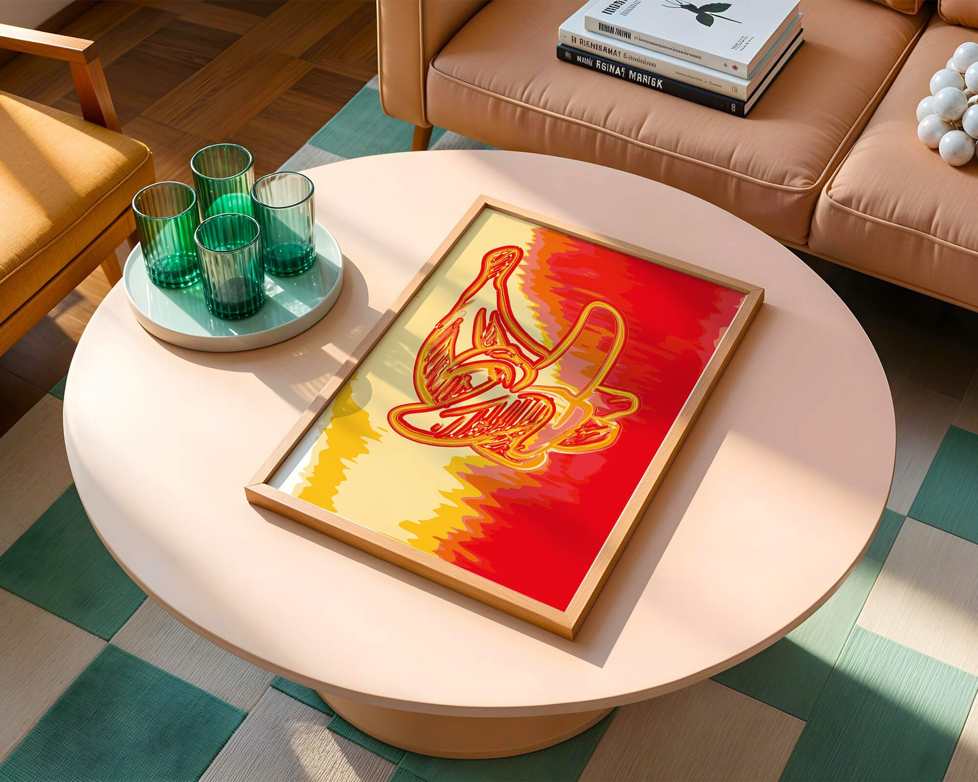 Abstract banana art with vibrant red and orange hues