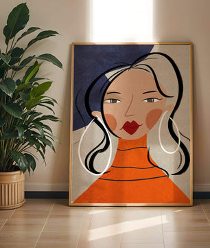 Colorful abstract portrait featuring a woman with red lips and hoop earrings on textured background - Mi tienda