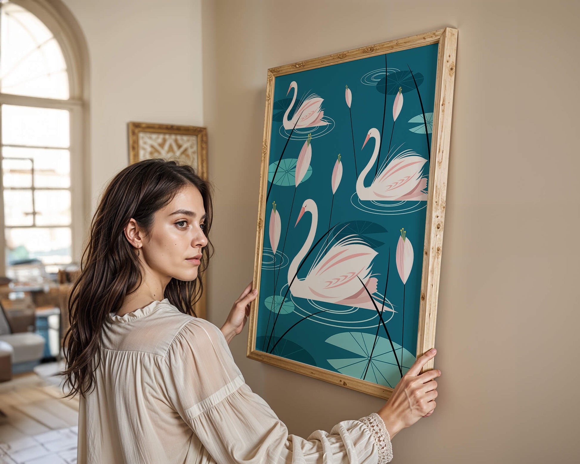 Serene illustration of swans gracefully gliding on a pond with lily pads