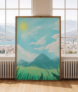 Sunny Day Overlooking a Mountain Landscape with Rolling Hills and Blue Sky