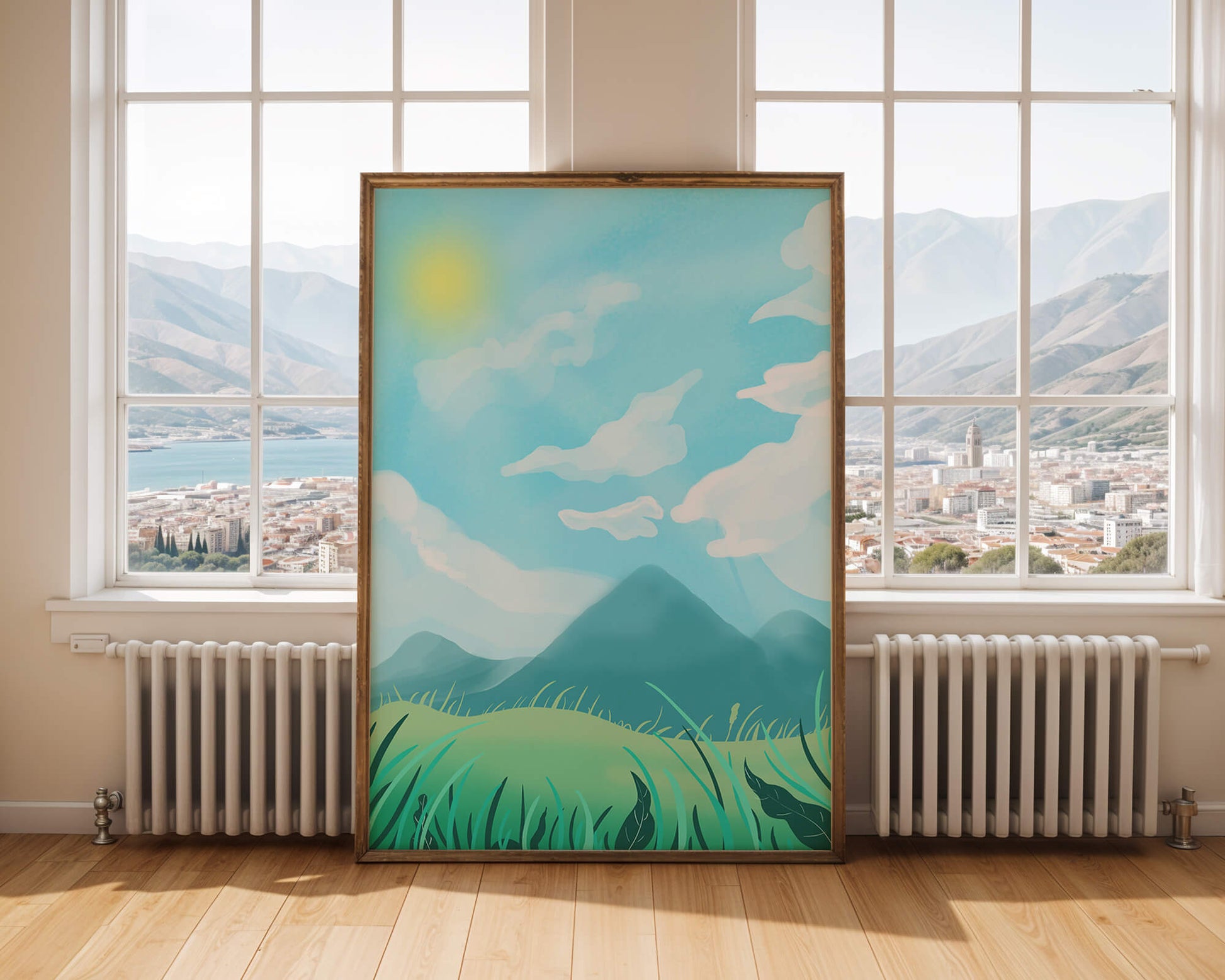 Sunny Day Overlooking a Mountain Landscape with Rolling Hills and Blue Sky