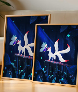 Enchanted forest with fairy and mystical creature under moonlit sky