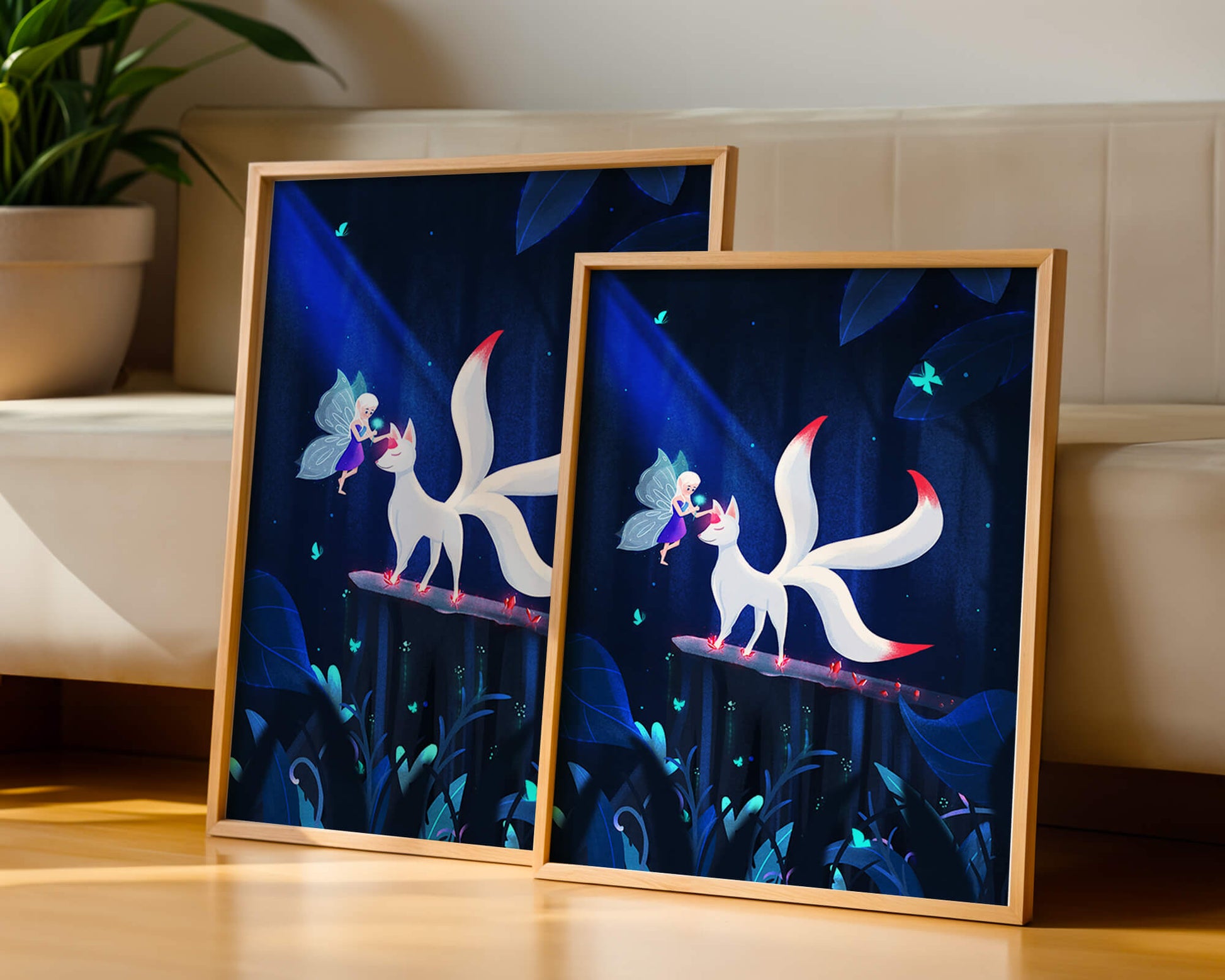 Enchanted forest with fairy and mystical creature under moonlit sky
