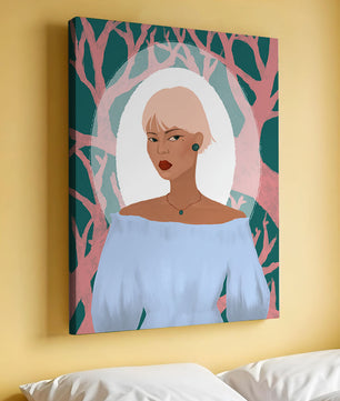 Illustration einer Frau mit einem pastellfarbenen Hintergrund aus abstrakten Bäumen