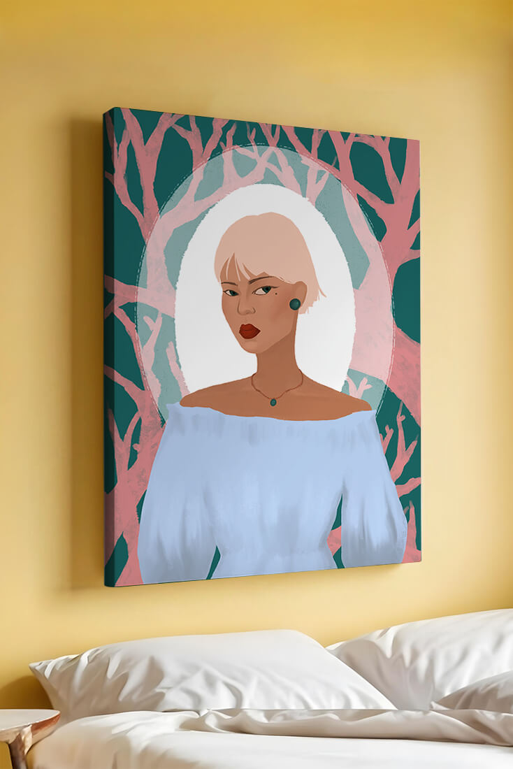 Illustration einer Frau mit einem pastellfarbenen Hintergrund aus abstrakten Bäumen