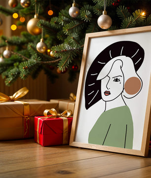 Minimalist Abstract Portrait Featuring Woman with Black Hat and Green Outfit - Mi tienda