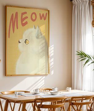 Profile View of a White Cat with Meow Text on Yellow Background