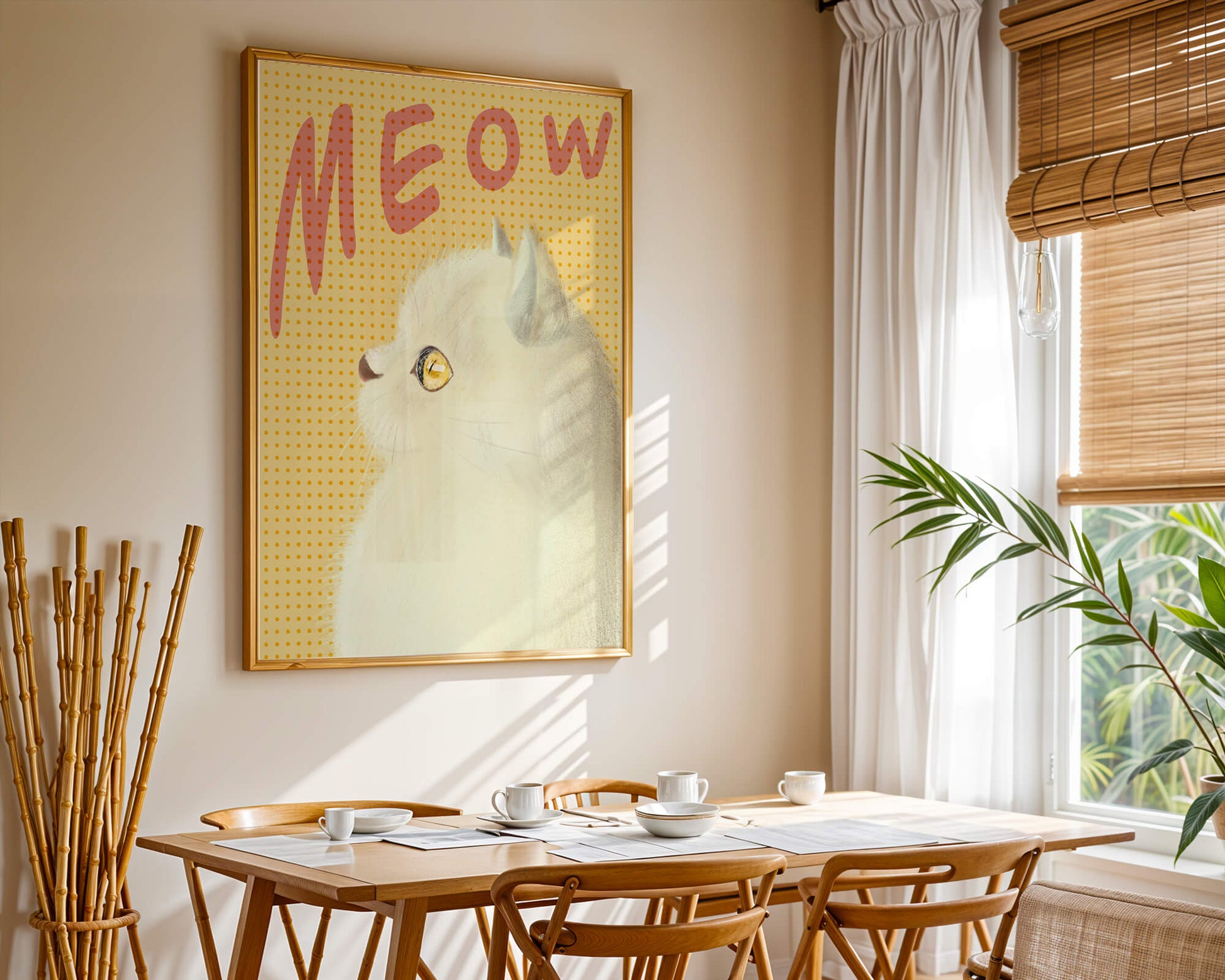 Profile View of a White Cat with Meow Text on Yellow Background