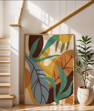 Abstract botanical design with colorful leaves and organic shapes