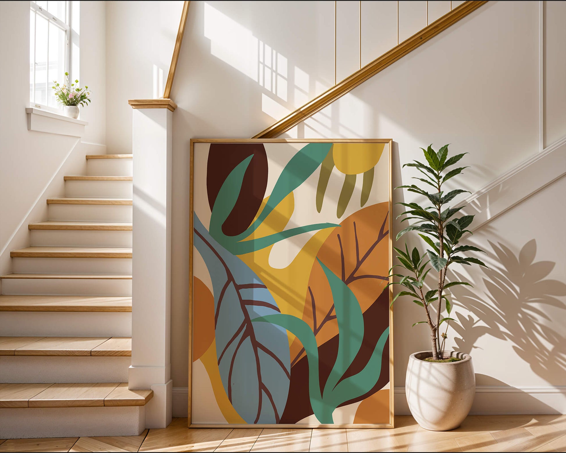 Abstract botanical design with colorful leaves and organic shapes