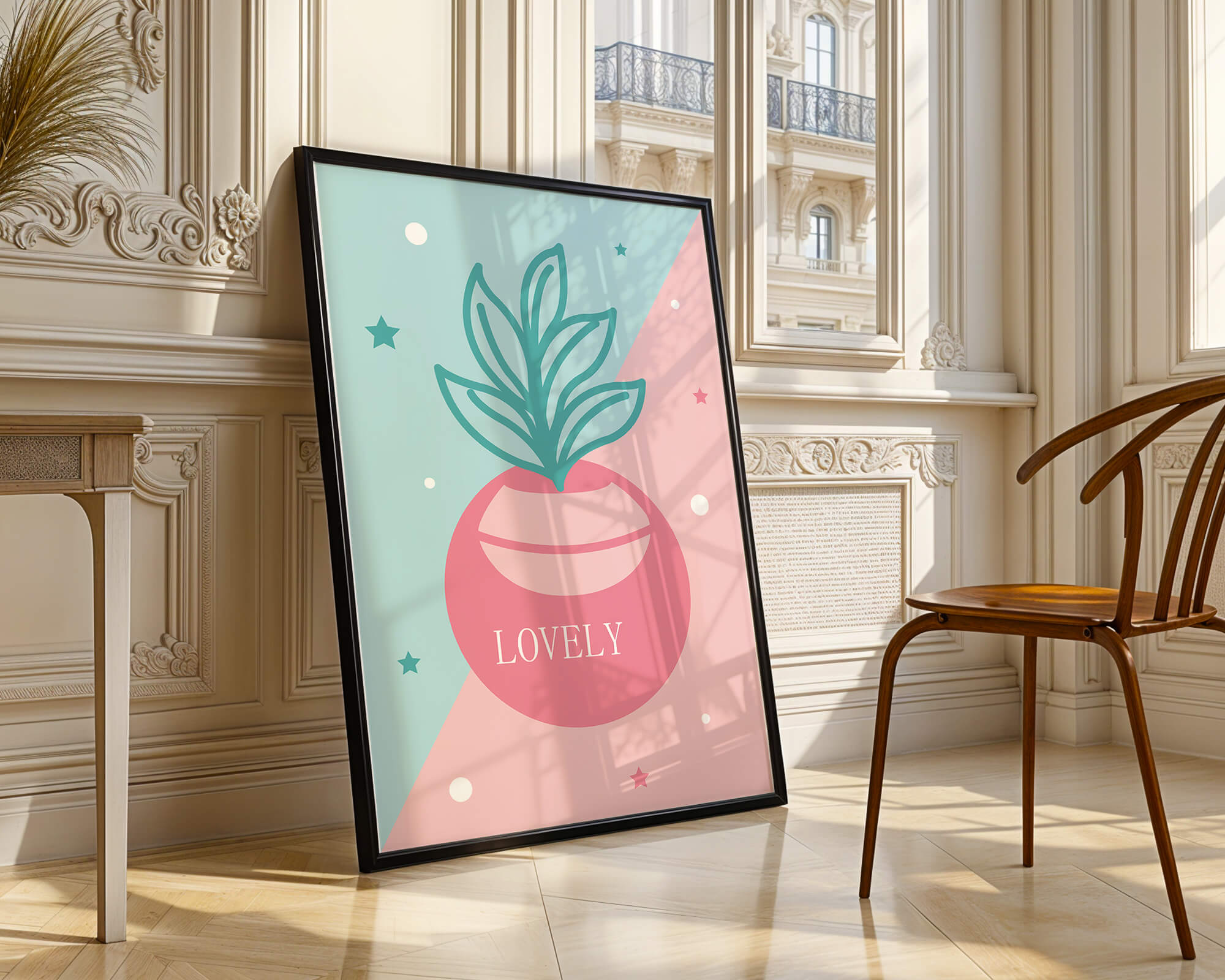 Playful pastel illustration with plant motif and stars