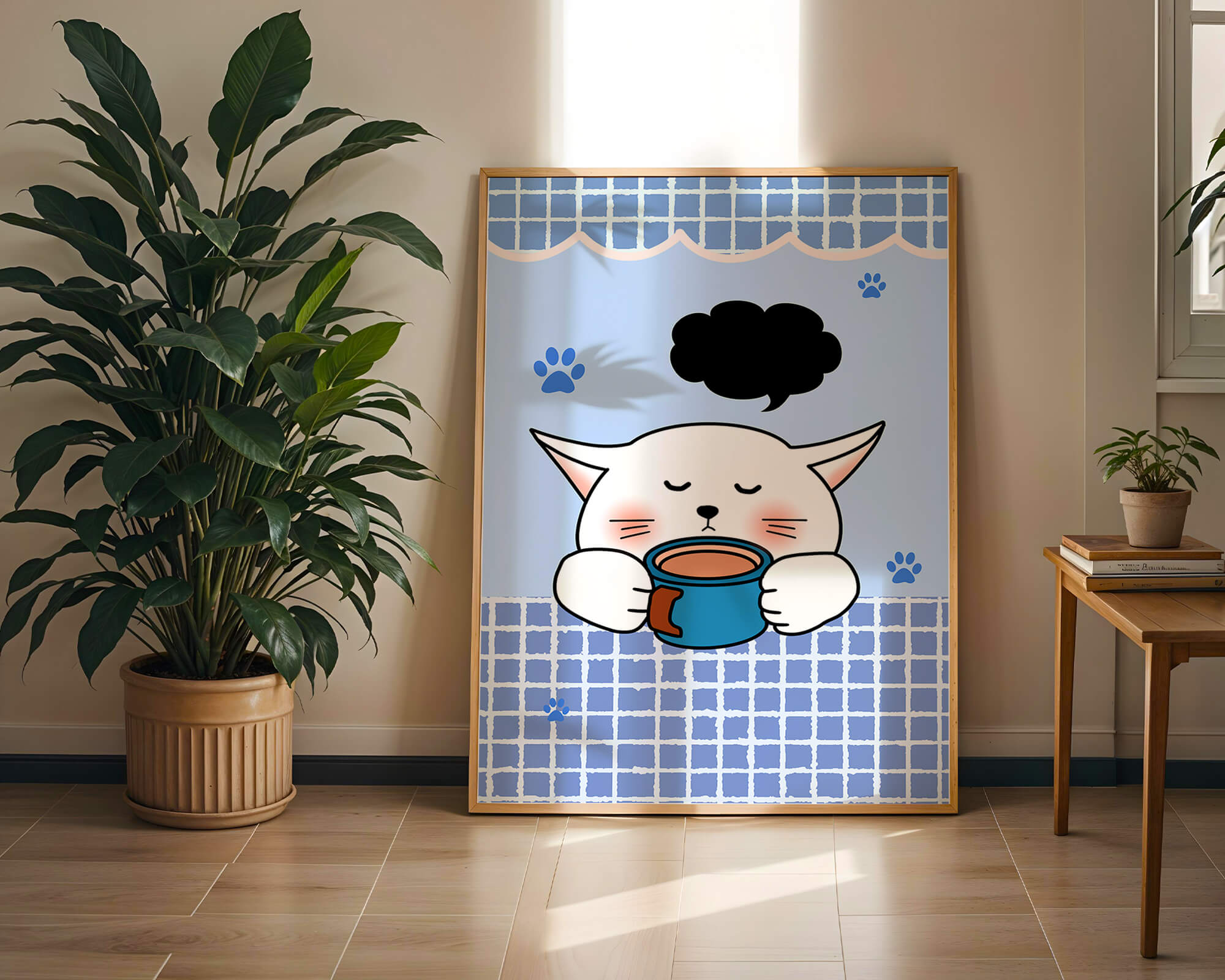 Cute cartoon cat with mug and speech bubble on blue background