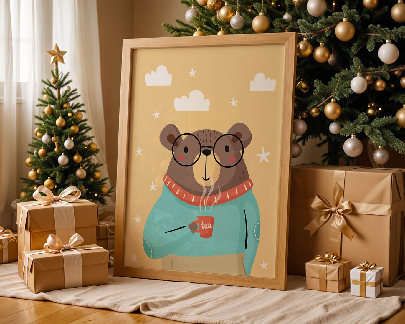 Illustration of a cozy bear enjoying tea with glasses