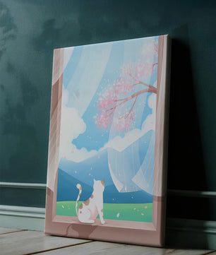 Serene scene with cat gazing out at cherry blossoms through window