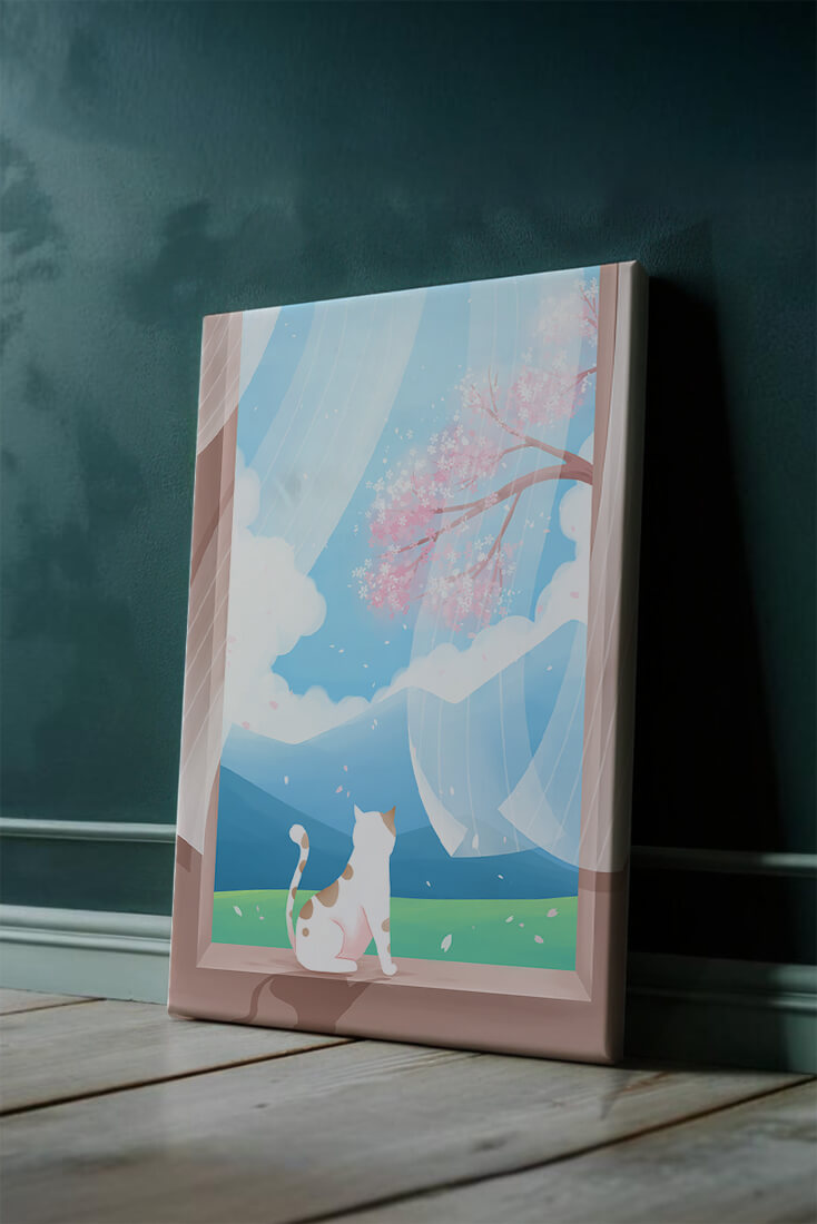 Serene scene with cat gazing out at cherry blossoms through window