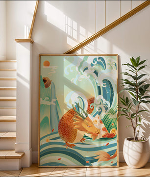 Dragon mythique au milieu de vagues stylisées et de montagnes aux couleurs vives