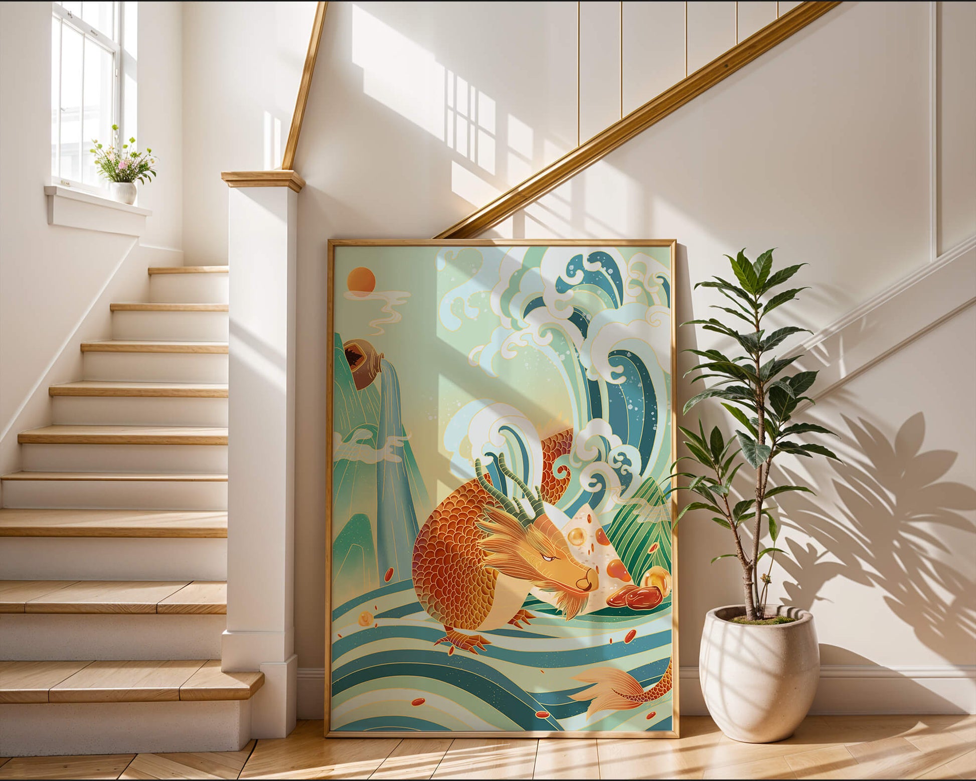 Mythical dragon amidst stylized waves and mountains in vibrant colors