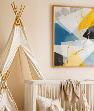 Abstract Geometric Art with Gold Accents in Blue, Yellow, and Gray - Mi tienda