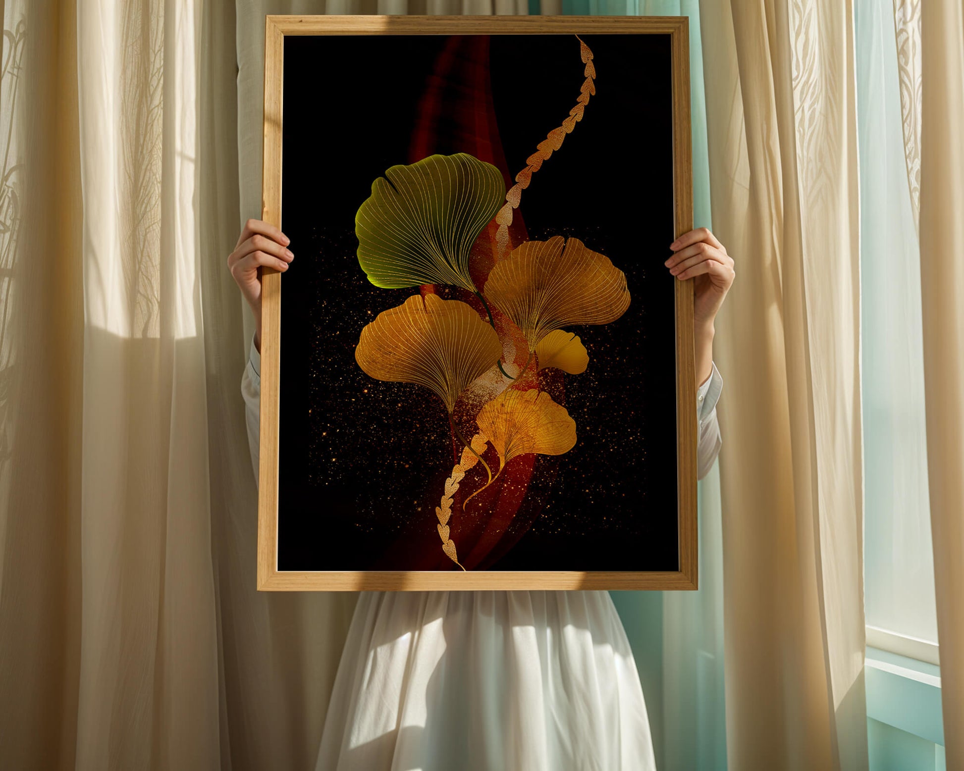 Art abstrait floral avec des feuilles de gingko dorées et un fond sombre