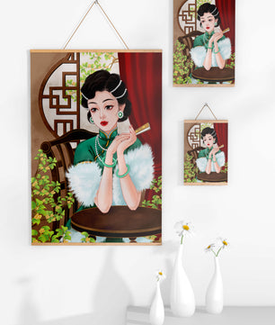 Elegant Woman in Traditional Asian Attire with Floral Background