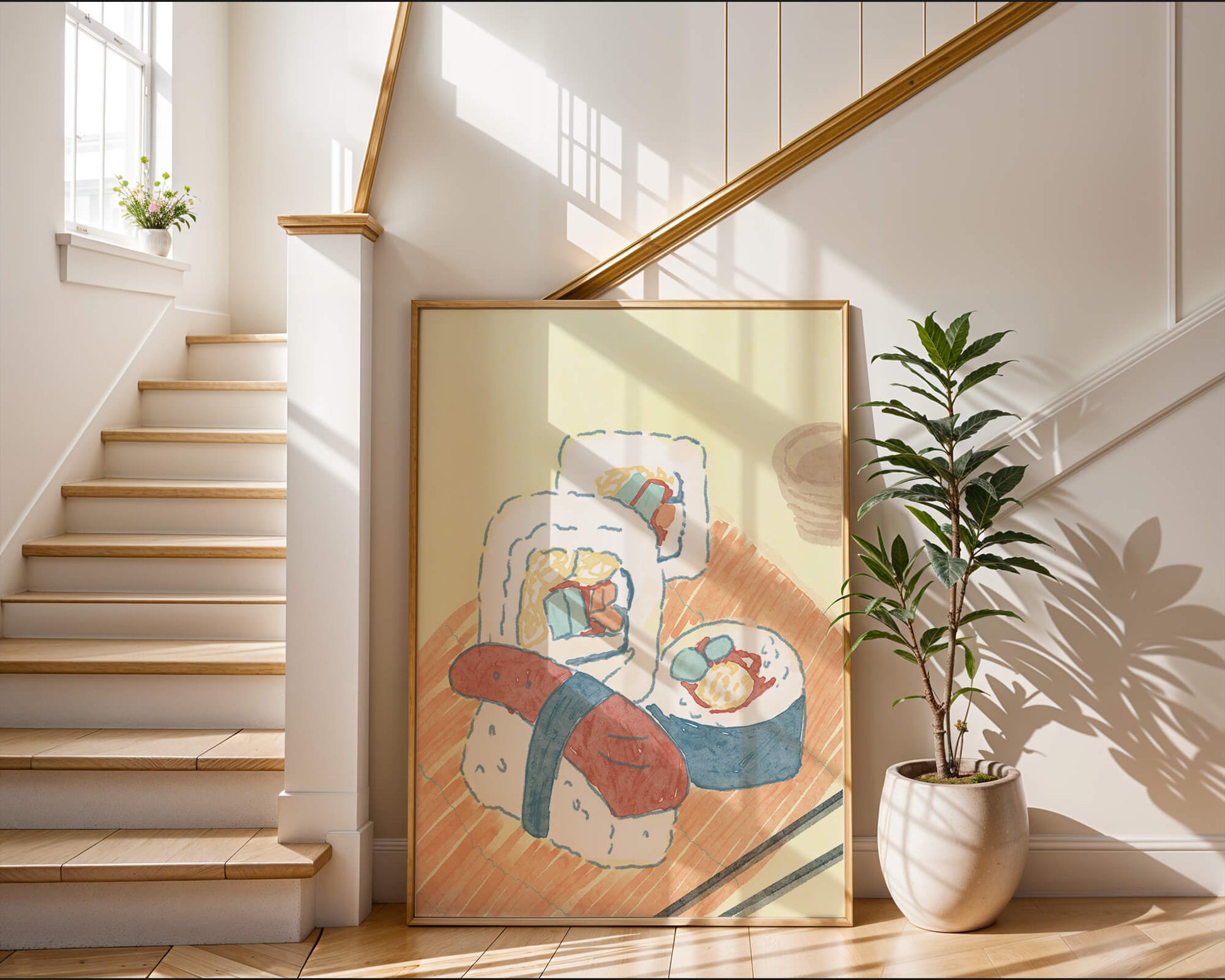 Illustration of assorted sushi on a wooden board
