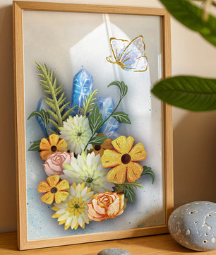 Floral and crystal arrangement with golden butterfly