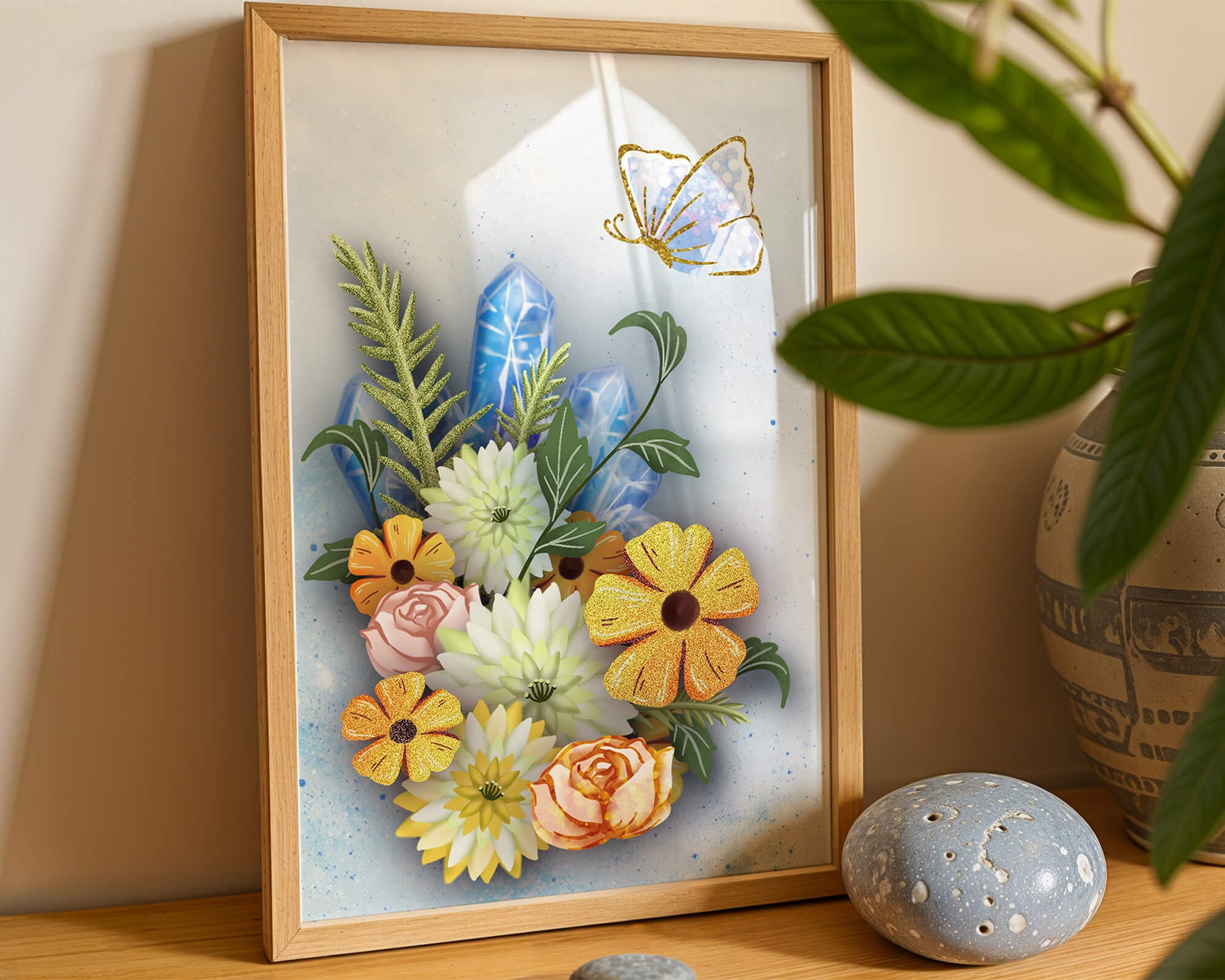 Floral and crystal arrangement with golden butterfly