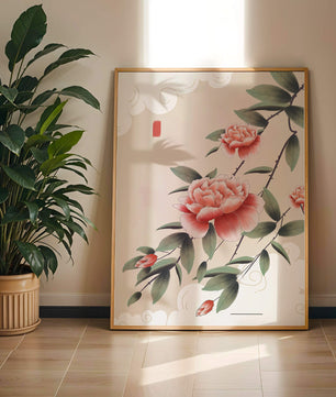 Oriental floral illustration with pink peonies and calligraphy