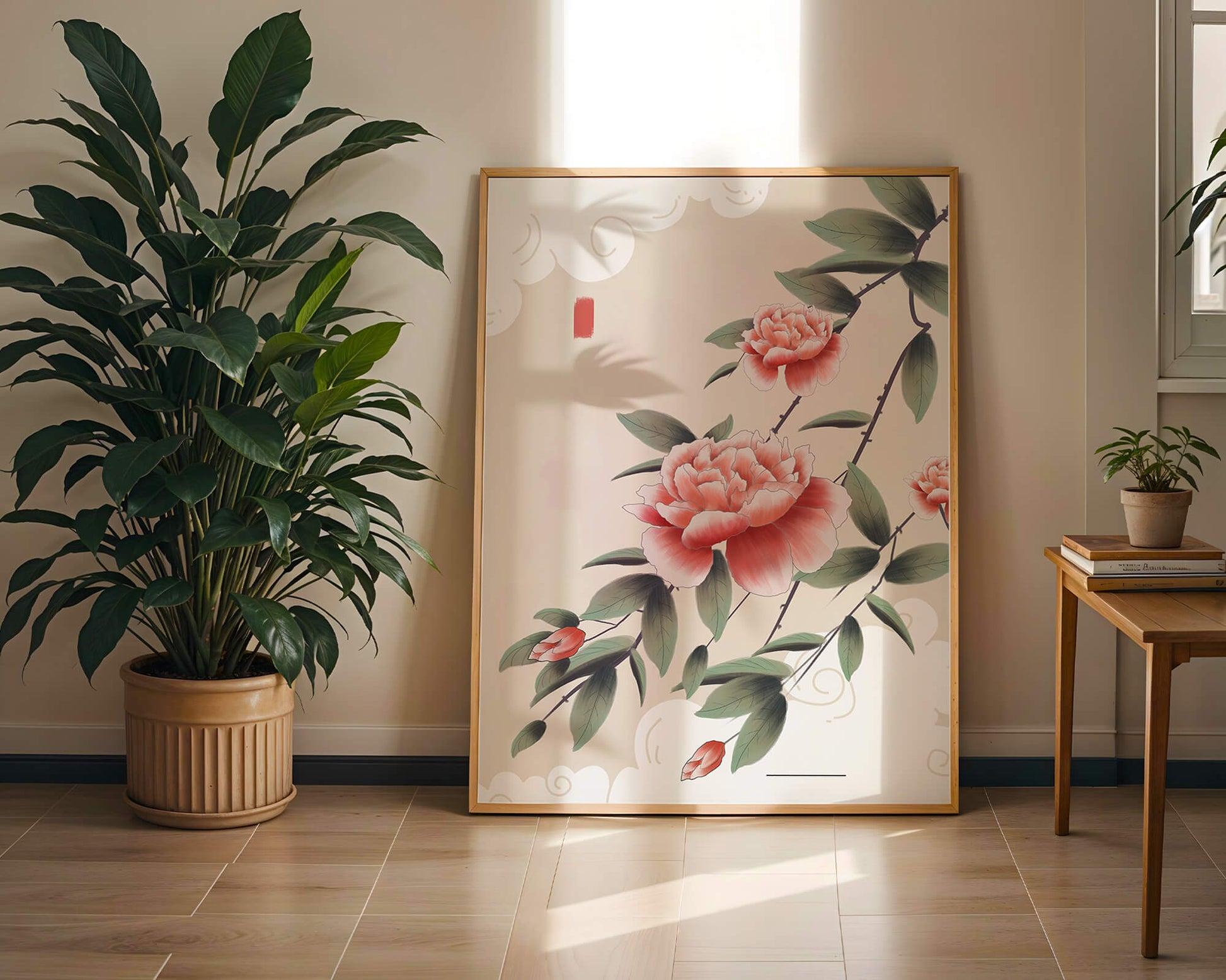 Oriental floral illustration with pink peonies and calligraphy