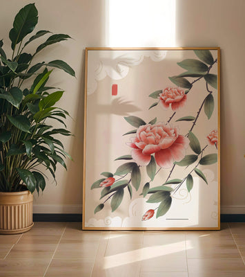 Oriental floral illustration with pink peonies and calligraphy