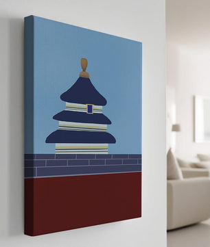 Ilustración abstracta del Templo del Cielo con detalles azules y dorados