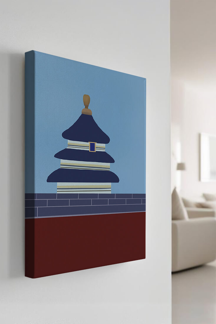 Ilustración abstracta del Templo del Cielo con detalles azules y dorados