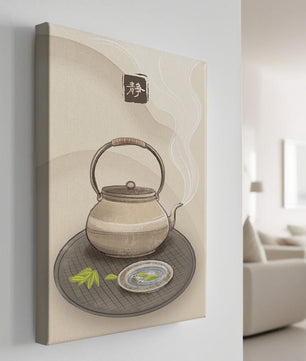 Traditional Japanese teapot with steaming tea and serene setting