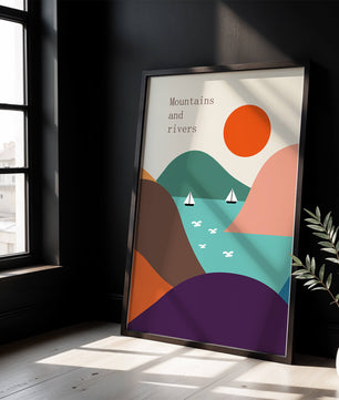 Abstract landscape with vibrant colors and geometric shapes