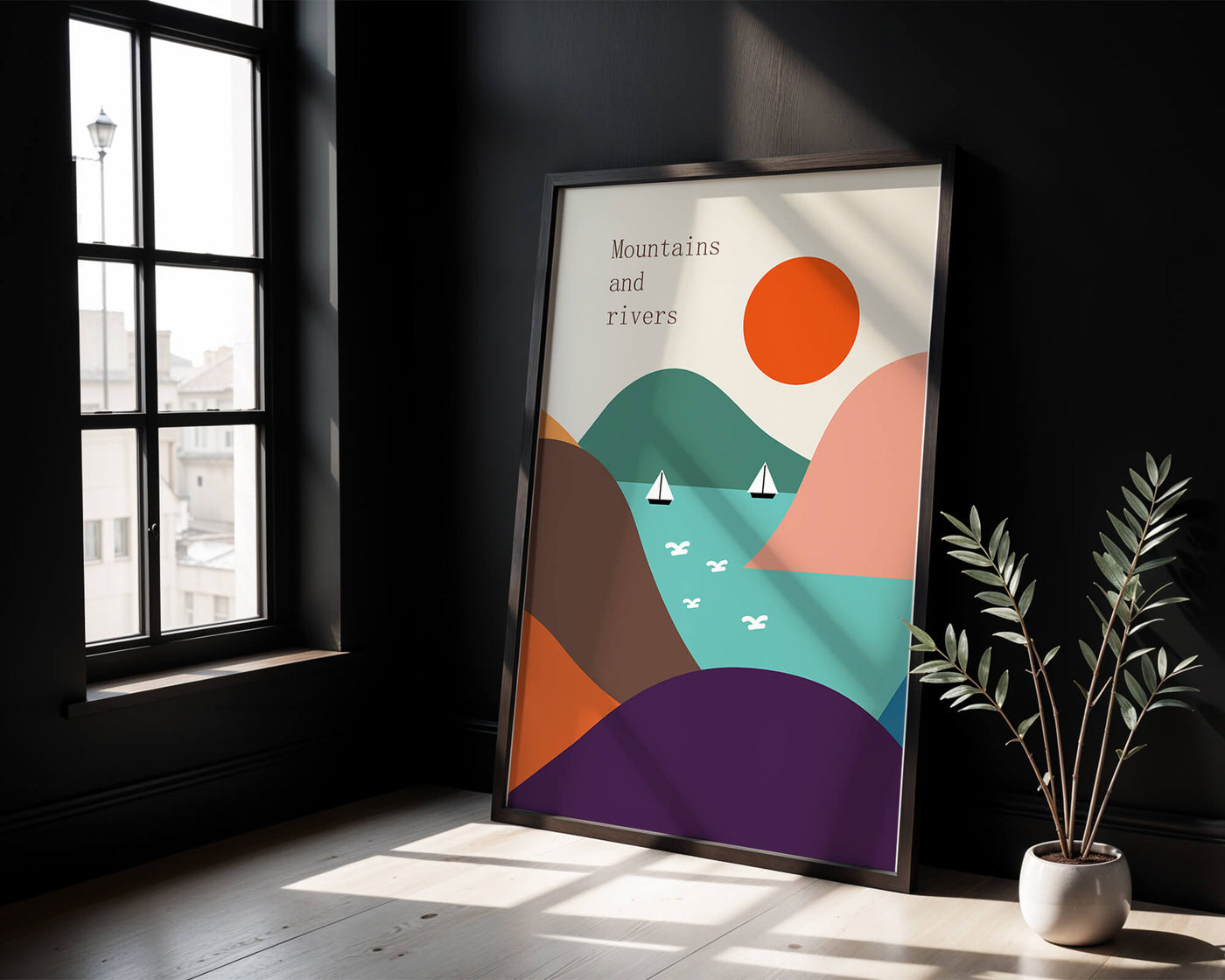 Abstract landscape with vibrant colors and geometric shapes