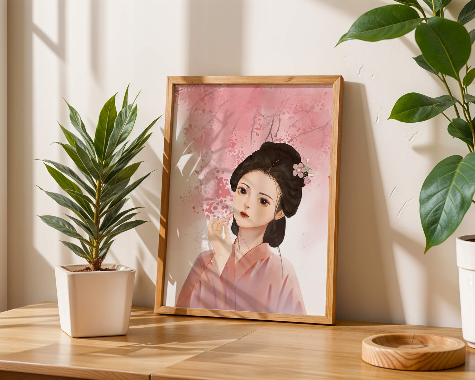 Traditional Japanese woman with pink cherry blossoms in the background