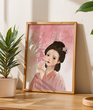 Femme japonaise traditionnelle avec des fleurs de cerisier roses en arrière-plan