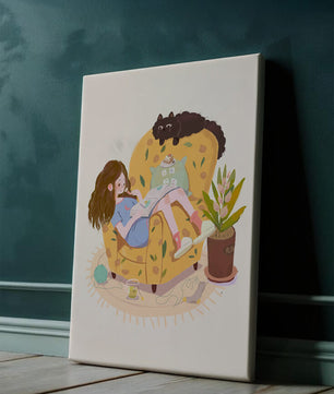 Cozy Reading Corner with Relaxed Girl and Cat