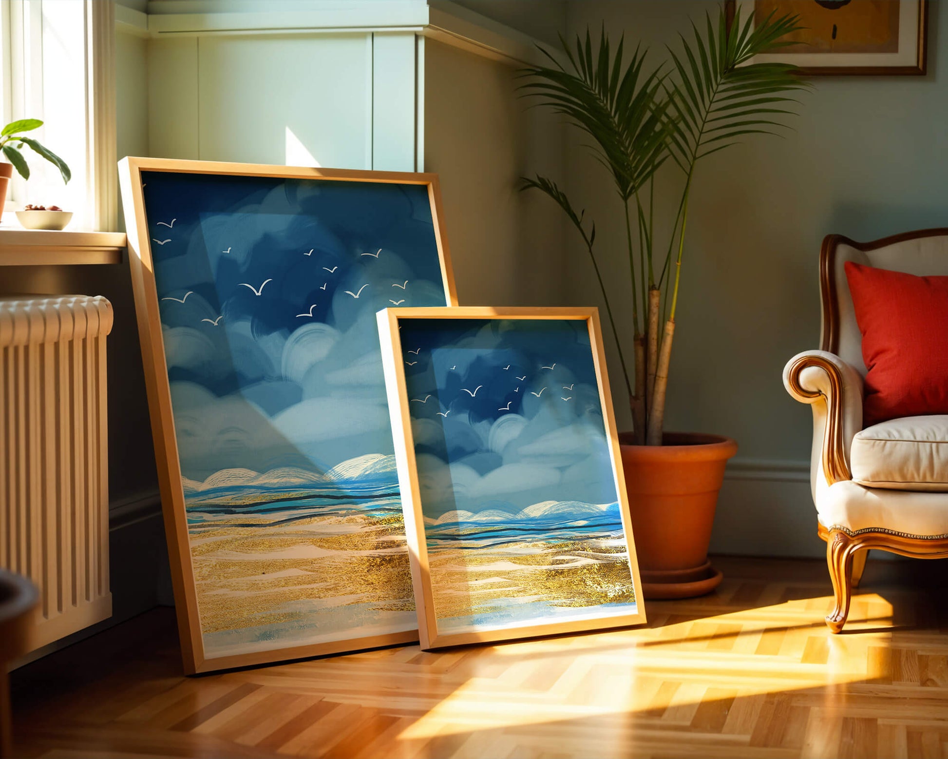 Seascape with Birds in a Vibrant Blue and Gold Palette