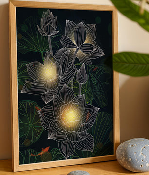 Beautiful lotus flowers with glow effect and koi fish - Mi tienda